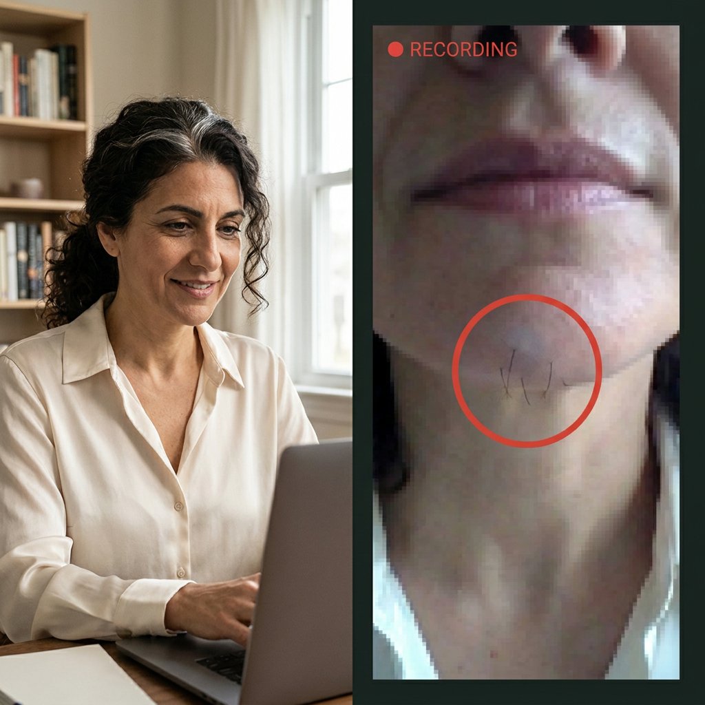 Woman on Zoom webcam with chin hair close-up revealing the moment of recognition