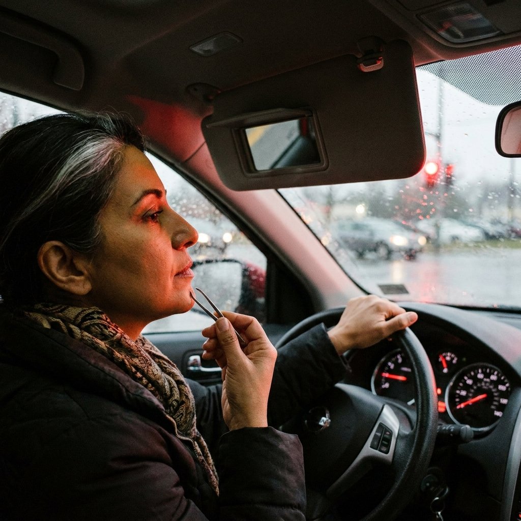 POV car interior showing woman tweezing her chin at a red light