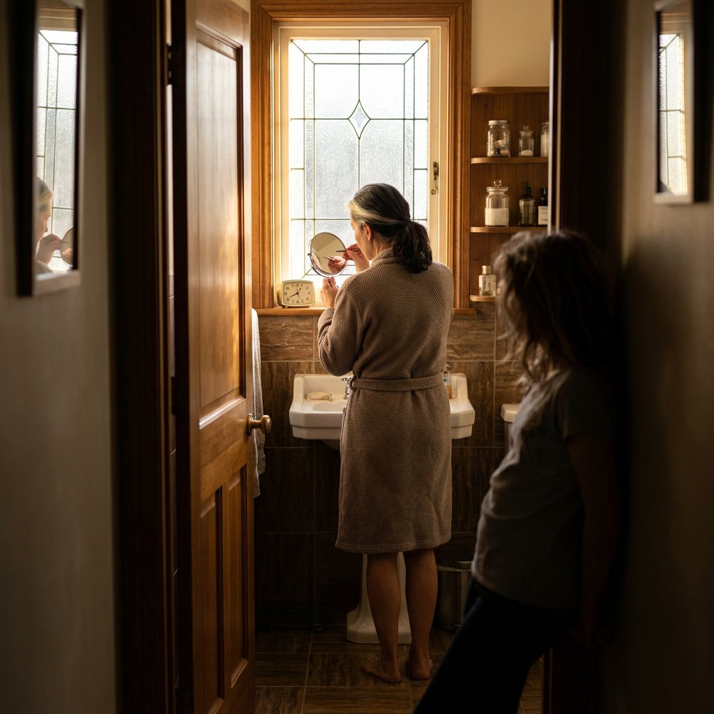 POV through hallway doorway showing woman at bathroom mirror with daughter watching from the doorframe