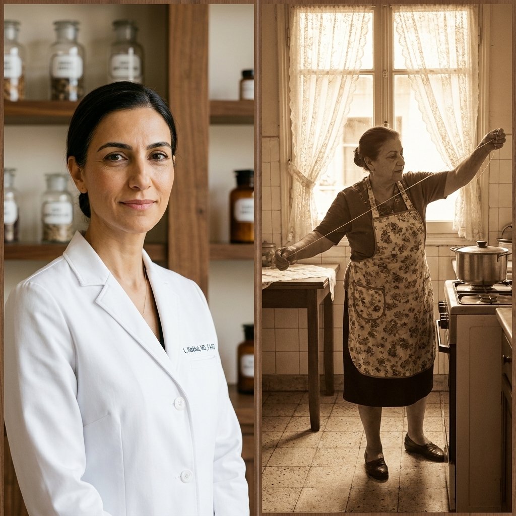 Diptych showing Dr. Layla Haddad in her clinic alongside sepia photo of her grandmother threading in 1960s Beirut