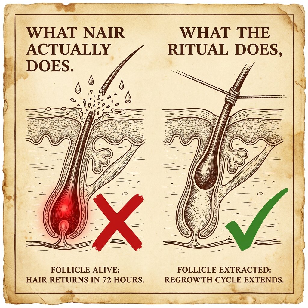 Anatomical diagram comparing what Nair does versus what the ritual does at the follicle level