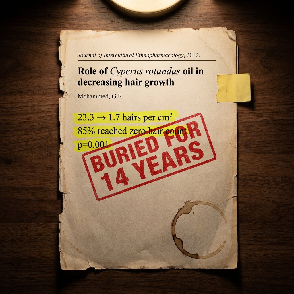 Vintage torn journal page stamped Buried for 14 Years showing the 2012 Mohammed study on Cyperus rotundus