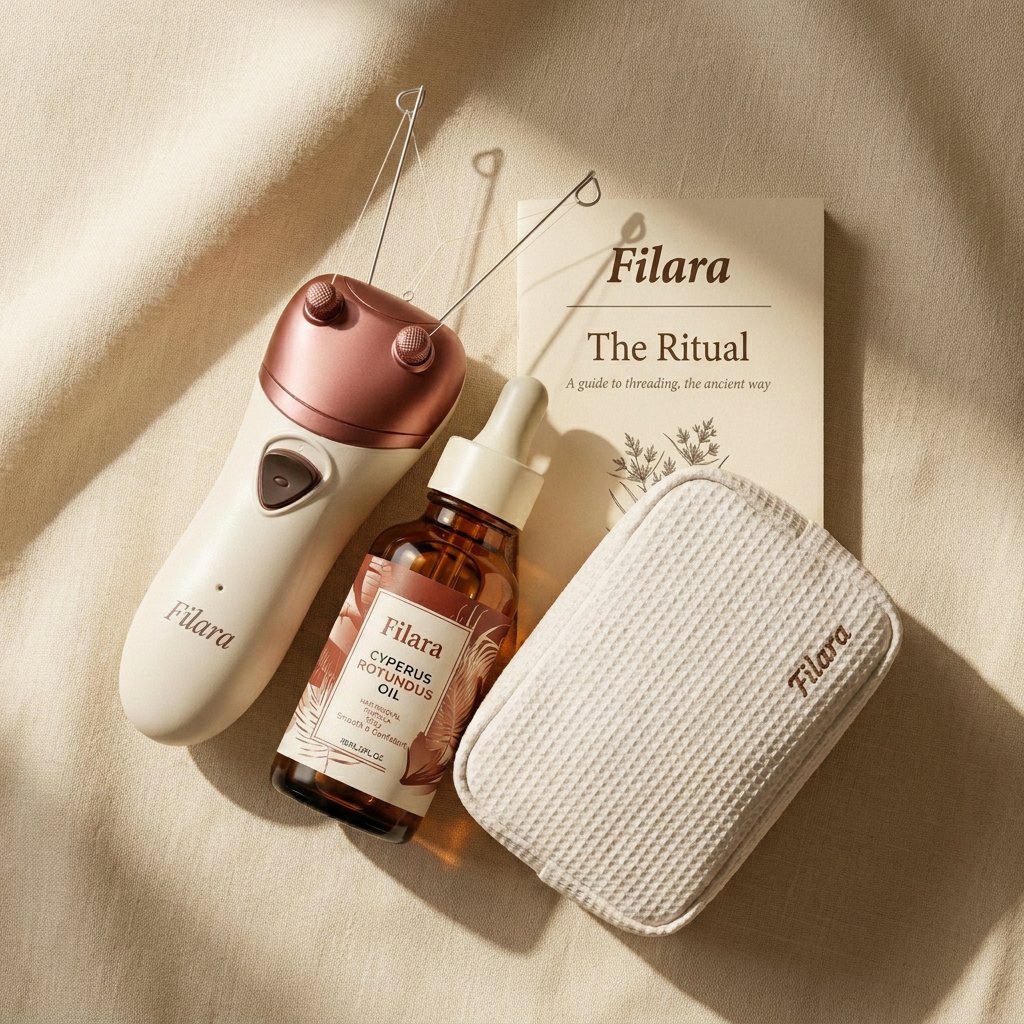 Overhead flatlay of the Filara Threading Kit with device, Cyperus rotundus oil, linen pouch, and Ritual eBook
