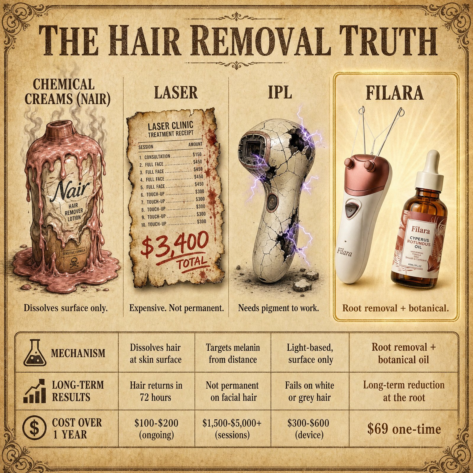 The Hair Removal Truth comparison chart showing Chemical Creams, Laser, IPL, and Filara side by side