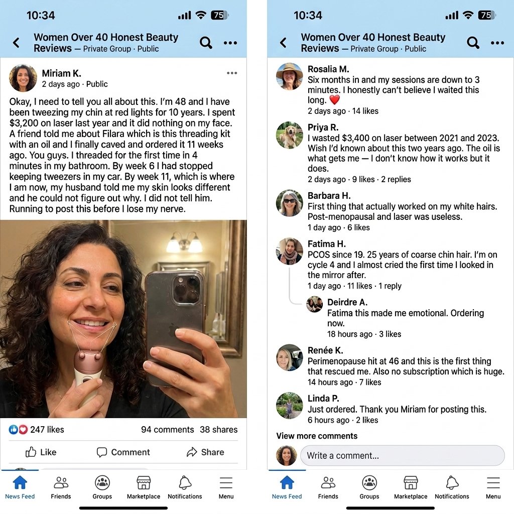 Facebook screenshot of Miriam K's testimonial post in Women Over 40 Honest Beauty Reviews group with multiple real comment responses