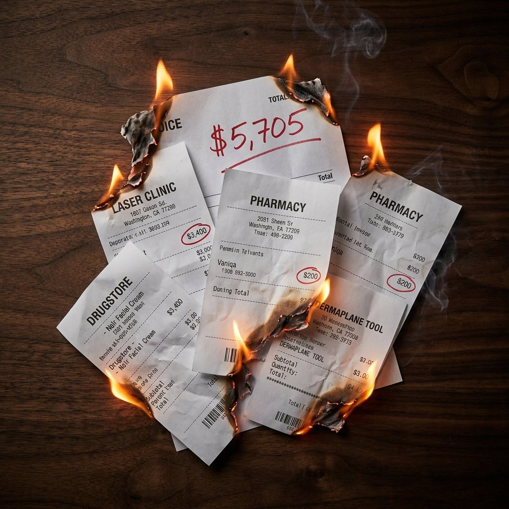 Flatlay of burning receipts totaling $5,705 from laser clinic, pharmacy for Vaniqa, drugstore for Nair, and dermaplane tool
