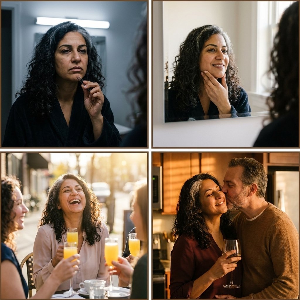 Four-panel photo progression showing the same woman at Week 0 bathroom tweezing, Week 6 small smile, Week 12 laughing at brunch with friends, Week 24 husband kissing her chin
