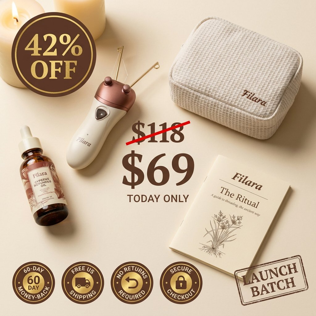 Final Filara Threading Kit hero shot with 42% off badge, $118 strikethrough to $69 pricing, and four trust badges